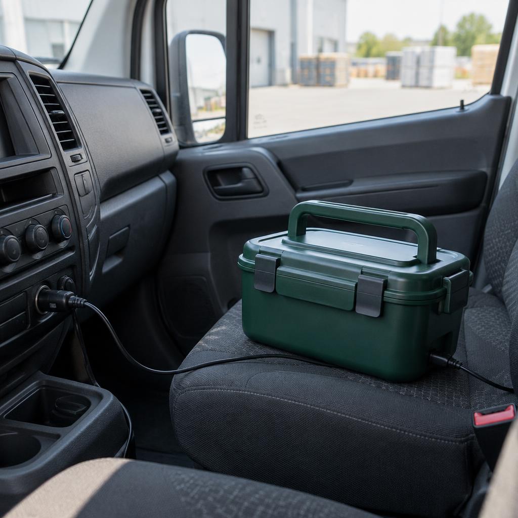 Lunchbox CiepłaPorcja na fotelu pasażera w kabinie samochodu dostawczego, podłączony do gniazda w aucie