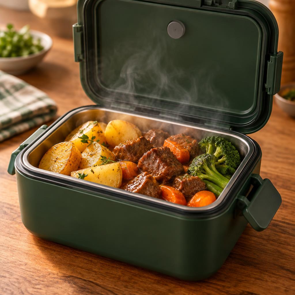 Otwarty lunchbox CiepłaPorcja z parującym domowym obiadem we wkładzie ze stali nierdzewnej