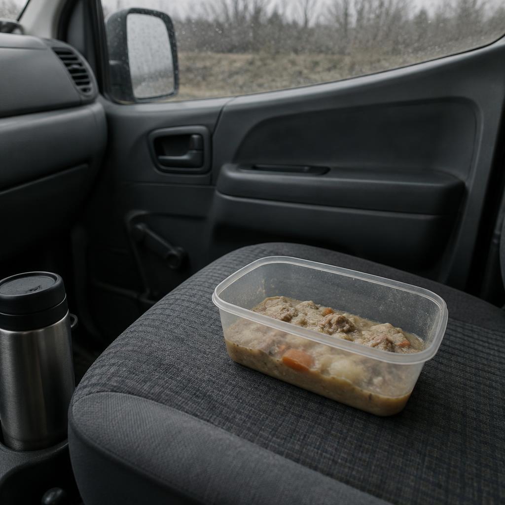 Zimny obiad w zwykłym plastikowym pojemniku na fotelu w kabinie samochodu podczas przerwy